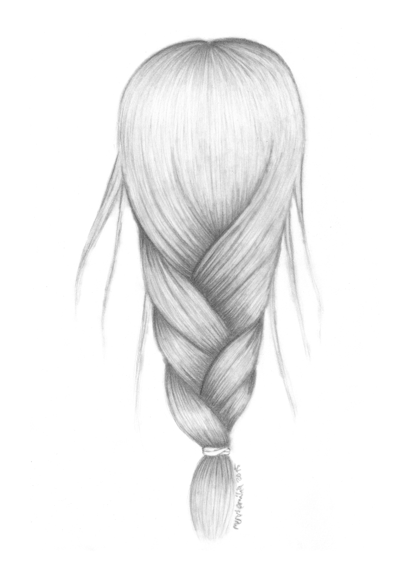 Braid 4, detailed pencil drawing of a slightly loose braid with flyaway hairs by Mervi Emilia Eskelinen