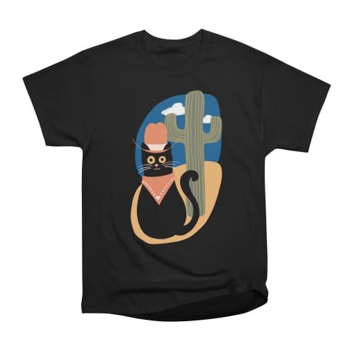 Mockup of a black t-shirt featuring a simplistic drawing of a happy black cowboy cat wearing orange cowboy hat and a scarf over desert landscape with blue sky, yellow sand and a green cactus