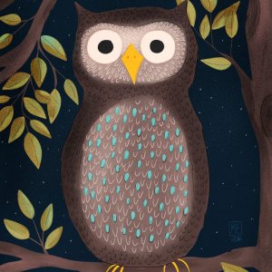 An illustration of a brown owl with teal feathers on its chest surrounded by branches with green leaves on them in front a dark blue sky with white dot stars by Mervi Eskelinen