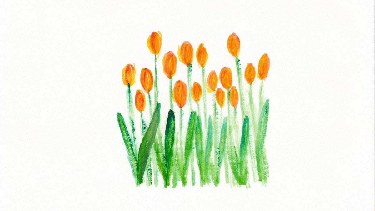 A watercolour painting of simplified orange tulips with green leaves and stems by Mervi Emilia Eskelinen