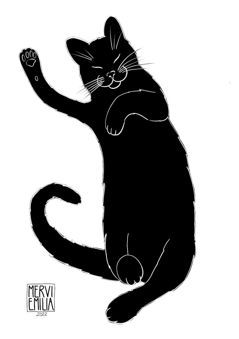 Pencil sketch of a happy black cat laying on its back with one front paw stretched out as if it's waving by Mervi Emilia Eskelinen