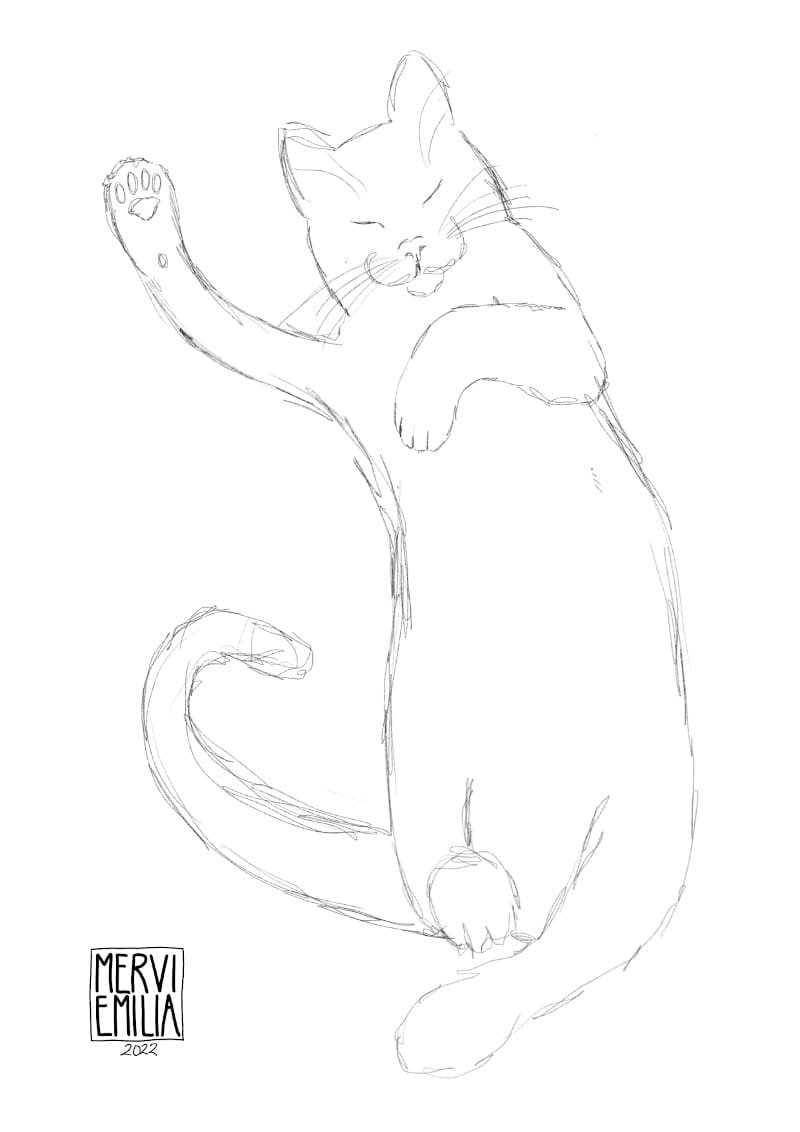 Pencil sketch of a happy black cat laying on its back with one front paw stretched out as if it's waving by Mervi Emilia Eskelinen