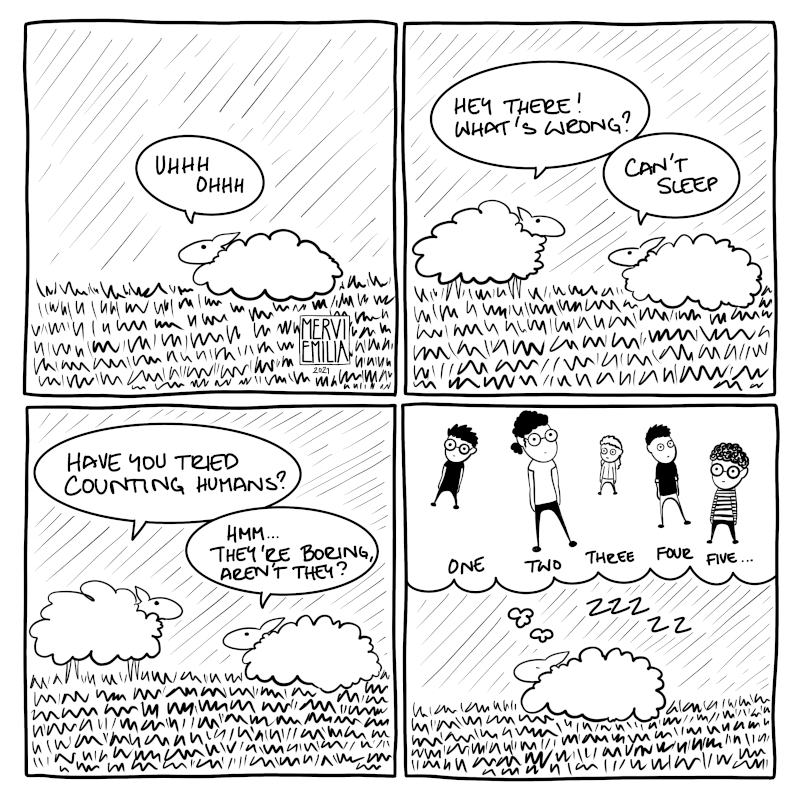 4 panel webcomic of a sheep who cannot sleep. Another sheep suggests them to count humans and they say "They are boring, aren't they?" In the last panel the sheep is counting 5 humans before they fall asleep.